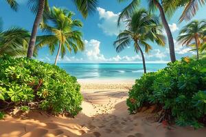Scenic Tropical Beach Pathway with Palm Trees and Blue Ocean photo