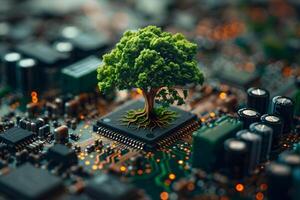 Nature and Technology Fusion Tree Growing on Microchip for Sustainable Innovation Concepts photo
