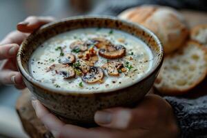 Cozy Winter Comfort Creamy Mushroom Soup in Rustic Bowl photo