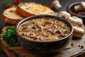Creamy Mushroom Soup with Fresh Herbs and Garlic Bread for Cozy Dining photo