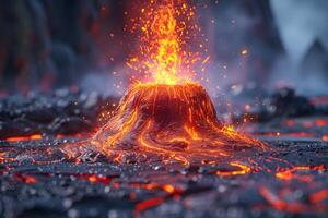 Erupting Volcano with Glowing Lava Flows in Dramatic Natural Landscape photo