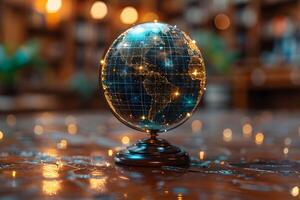 Illuminated Globe on Wooden Table in Cozy Library Setting photo