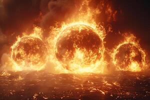 Fiery Celestial Orbs Over Molten Landscape for Fantasy Art and Fictional Worlds photo