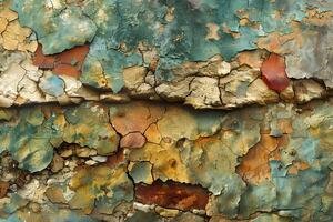 Weathered Surface with Colorful Peeling Paint Texture for Artistic Backgrounds photo
