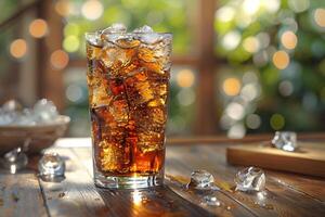 Refreshing Iced Cola Beverage in Sunlit Setting for Summer Vibes photo