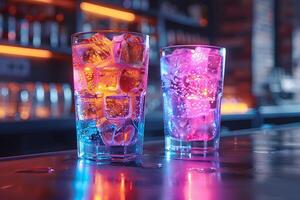 Colorful Cocktail Glasses with Ice Cubes in a Moody Bar Setting for Event and Party Posters photo