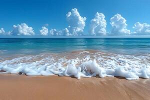 Serene Beach Scene with Gentle Waves and Fluffy Clouds photo