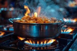 Gourmet Cooking Sizzling Stir Fry in Pan on Gas Stove for Culinary Enthusiasts photo