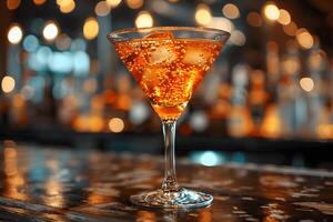 Elegant Cocktail with Ice Cubes on Bar Counter Sparkling Nightlife Vibes photo