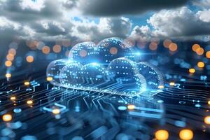 Cloud Technology Concept with Digital Circuit Board and Illuminated Data Connections photo