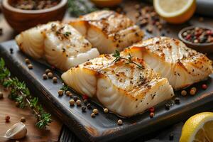 Grilled Cod Fillets with Herbs and Lemon on Rustic Board for Gourmet Cooking photo
