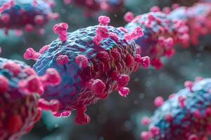 Microscopic View of a Virus Structure with Red Spikes for Scientific Research and Educational Use photo
