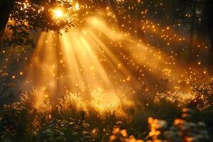 Enchanting Sunlit Forest with Golden Sparkles Nature's Mystical Sunrise photo