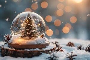 Enchanting Winter Wonderland Snow Globe with Festive Pine Tree and Warm Bokeh Lights photo