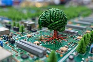 Tree-Shaped Circuit Brain on Circuit Board Nature Meets Technology for AI Concept Design photo