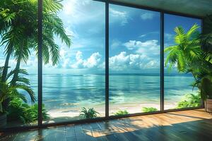 Serene Beach View from Modern Home with Tropical Plants and Ocean Horizon photo