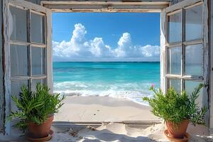 Tropical Beach View Through Open Window with Ocean Waves and Potted Plants photo