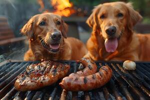 Summer Barbecue with Grilled Meats and Happy Golden Retrievers by the Fire photo