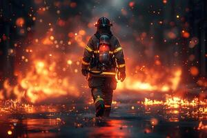 Heroic Firefighter Walking Through Flames at Night Courage and Resilience in Action photo