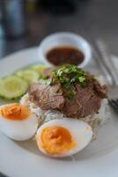 Slice of stewed pork eaten with rice served with boiled egg and cucumber sprinkled with coriander. photo