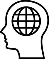 Outline icon of a human head with a globe inside, representing global thinking, internationalism, or world consciousness vector