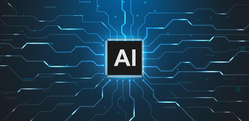AI circuit board with blue background. Quantum computing technology using Artificial Intelligence
