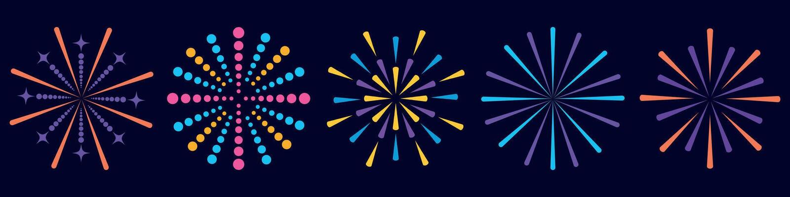 Set of colorful fireworks on a dark background.