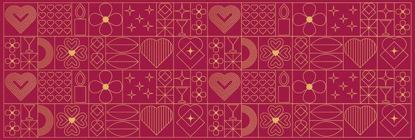 Geometric Valentine's Day pattern in linear style. Postcard, banner, poster with minimalistic gold line icons. vector