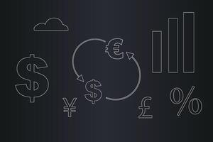 A black and white image of various currencies and a dollar sign vector