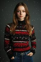 A girl in a red and black sweater photo