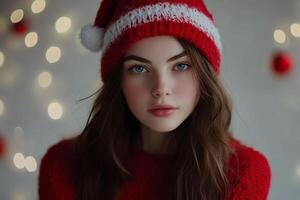 A beautiful young woman wearing a red hat and sweater photo