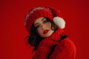 A woman in a red sweater and hat photo