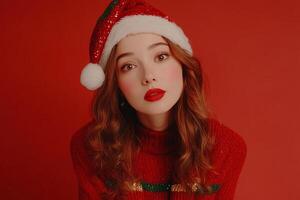 A woman wearing a red sweater and santa hat photo