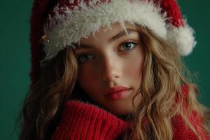 un hermosa joven mujer en un rojo suéter y Papa Noel sombrero foto