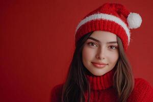 Beautiful young woman in red hat and sweater photo