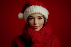 Beautiful young woman in red hat and scarf on red background photo