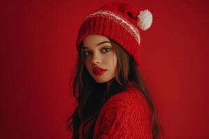 A girl in a red sweater and hat photo