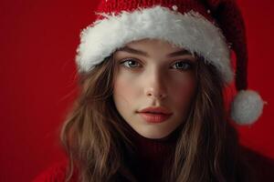 A woman wearing a santa hat and a red sweater photo