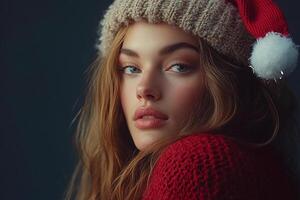 A beautiful young woman in a red sweater and santa hat photo