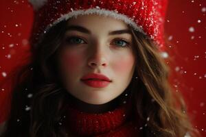 Beautiful girl in red hat and scarf on red background photo
