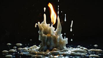 A candle is burning in a pool of liquid photo