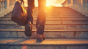 A person walking up stairs with a briefcase photo