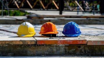 Three hard hats sitting on a concrete slab photo