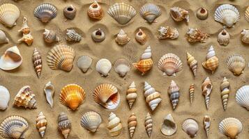 A large group of shells on a beach photo