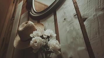 A hat and flowers are on a wooden wall photo