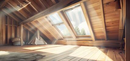 An attic room with sunlight streaming through the windows photo