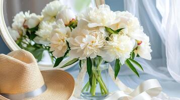 White peonies in a vase with a hat on a table photo