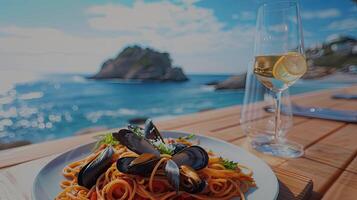 A plate of pasta and mussels on a table near the ocean photo