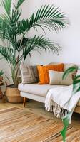 A living room with a couch, a rug and a plant photo
