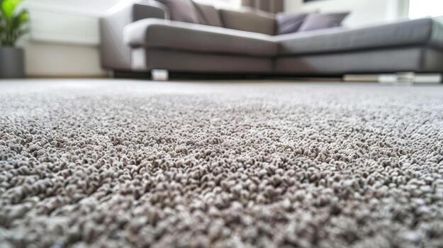 A close up of a carpeted room with grey furniture photo